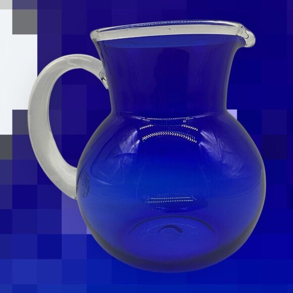 Handblown Vintage Pitcher Cobalt Blue and Clear Art Glass Quality Workmanship - Picture 5 of 16
